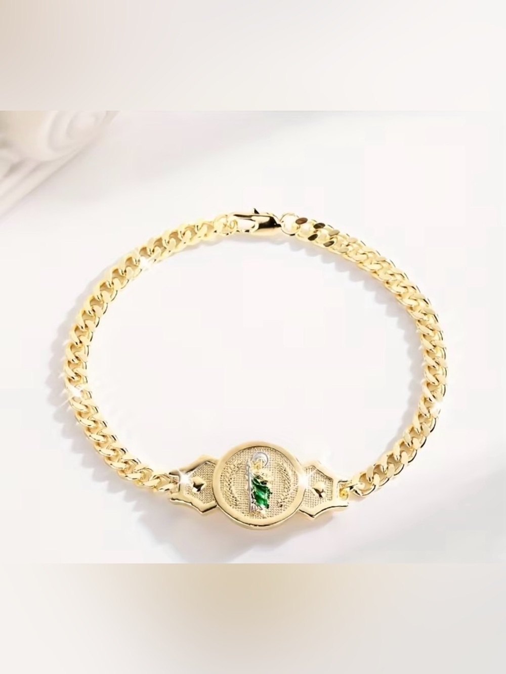 Gold-Tone Chain Bracelet with Green Accent Medallion
